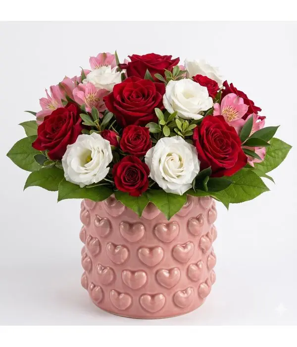 Love Floral Arrangement with Red & White Roses in Pink Heart-Embossed Ceramic Vase