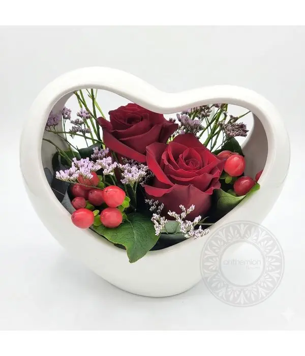 Ceramic Heart with Deep Red Roses and Hypericum Berries