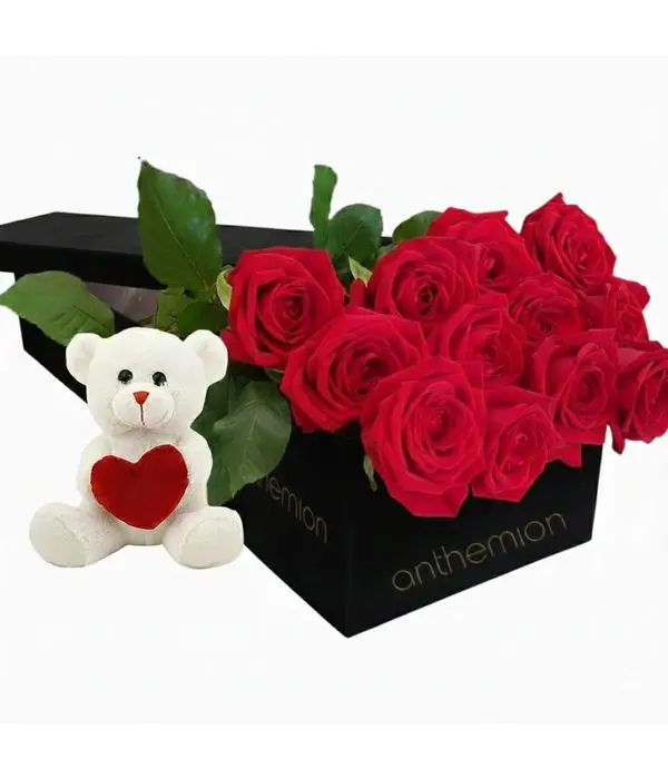 12 Red Roses in a Box, with a Teddy Bear