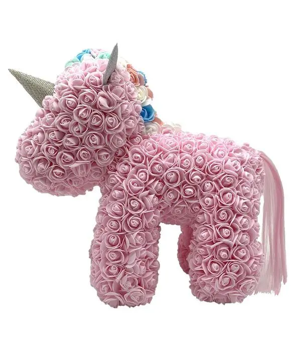Pink unicorn of foam roses and lights