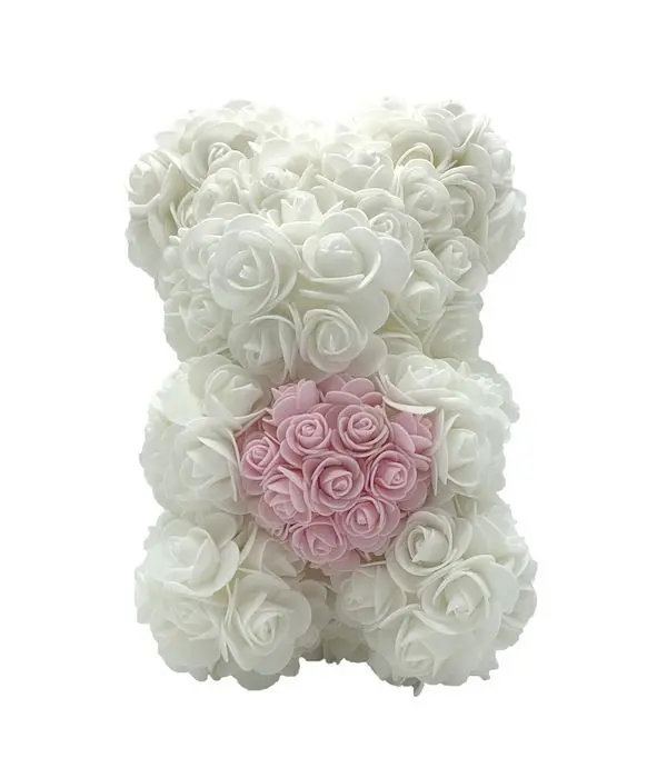 White - pink teddy bear of foam roses