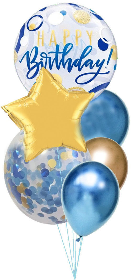 Blue + Gold Happy Birthday Balloon Bouquet