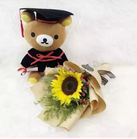 Convocation Set 07 (Convocation Rilakkuma With 1 stalk Sunflower Hand Bouquet)