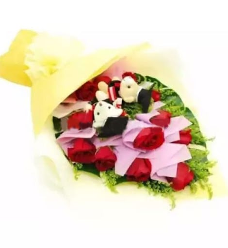 Graduation Bouquet 03 (2 Bear + 12 Pink Rose)