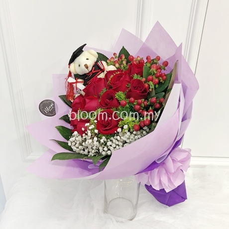 Graduation Bouquet 08 (2 Bear + 24 Pink Rose)