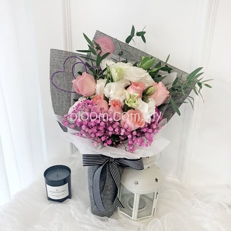 Korea Style 28 (12 stalks pink roses with white eustoma)
