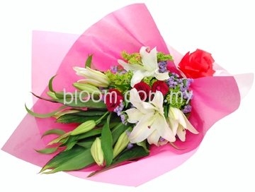 Mix Hand Bouquet 07 (3 Stalks White Casa Lily + 3 Red Roses)