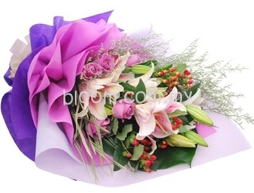 Mix Hand Bouquet 13 (3 Stalks Stargazer Lily + 5 Purple Roses)