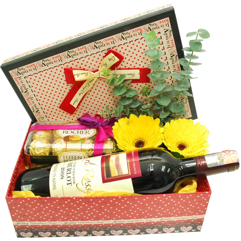 Yellow Gerbera Wine and Chocolate Box