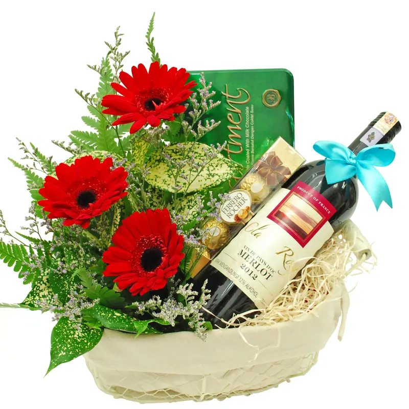 Sweet Pairing Wine Gift Basket with Flowers
