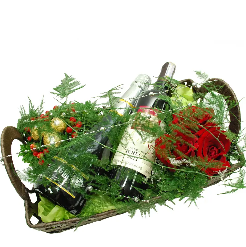 Red Rose and Wine Pairing Basket