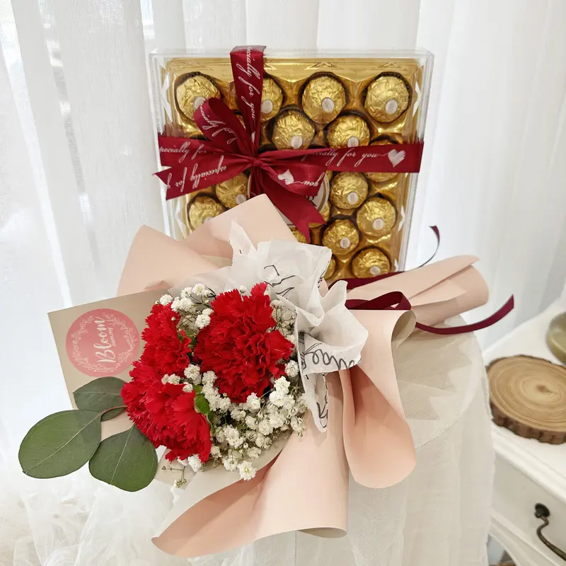 Red Carnation Bouquet and Ferrero Rocher Box Set