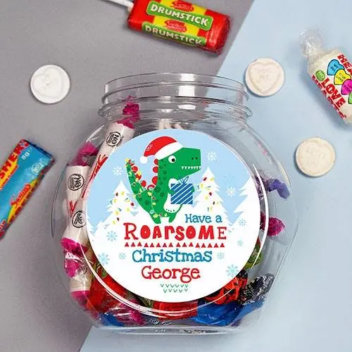 Personalised Dinosaur Christmas Sweet Jar