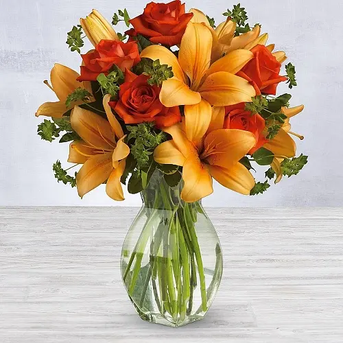Fiery Lily and Rose Bouquet