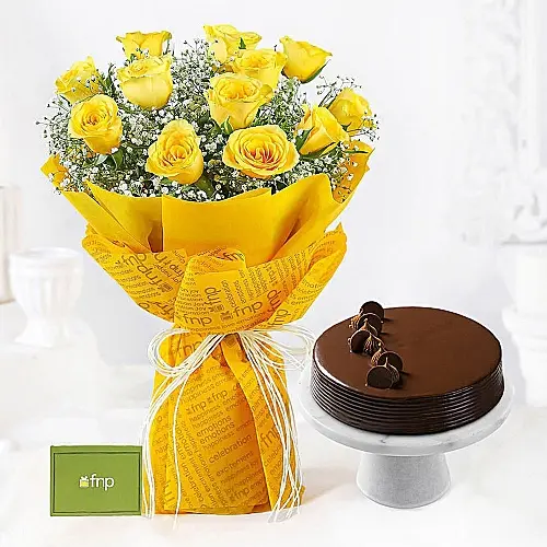 Sunshine Roses Bouquet and Truffle Cake