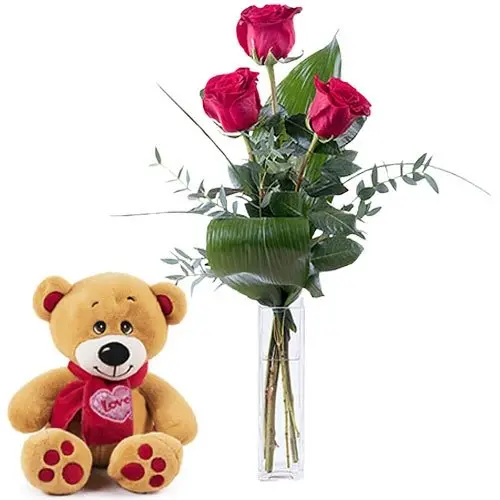 Teddy & 3 Red Roses