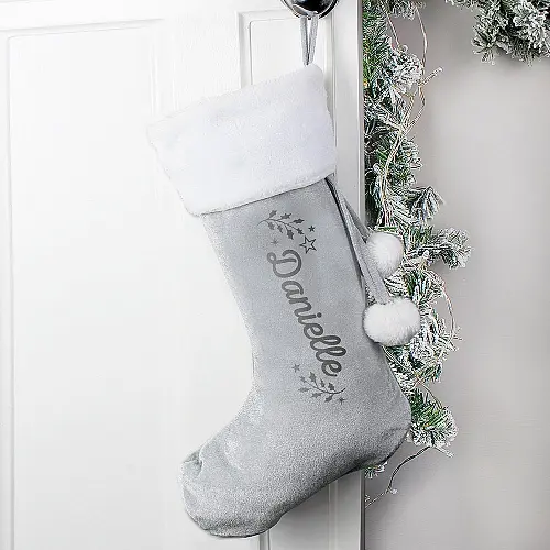 Personalised Holly Grey Christmas Stocking