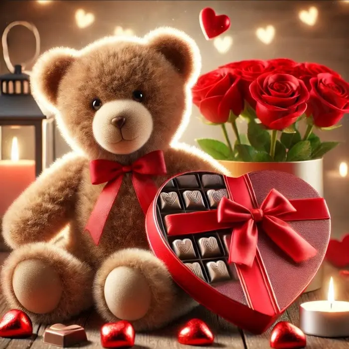 Orsacchiotto, Rose Rosse e Cioccolatini