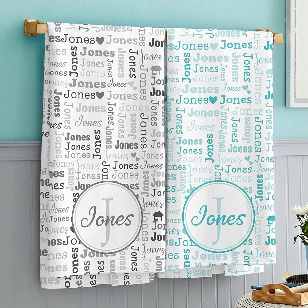 Family Name Collage Bath Towels (Hand Towel Teal)