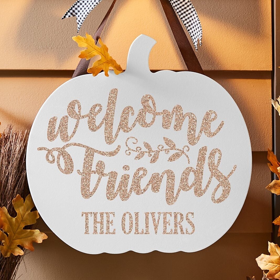 Welcome Friends Pumpkin Hanging Wood Sign