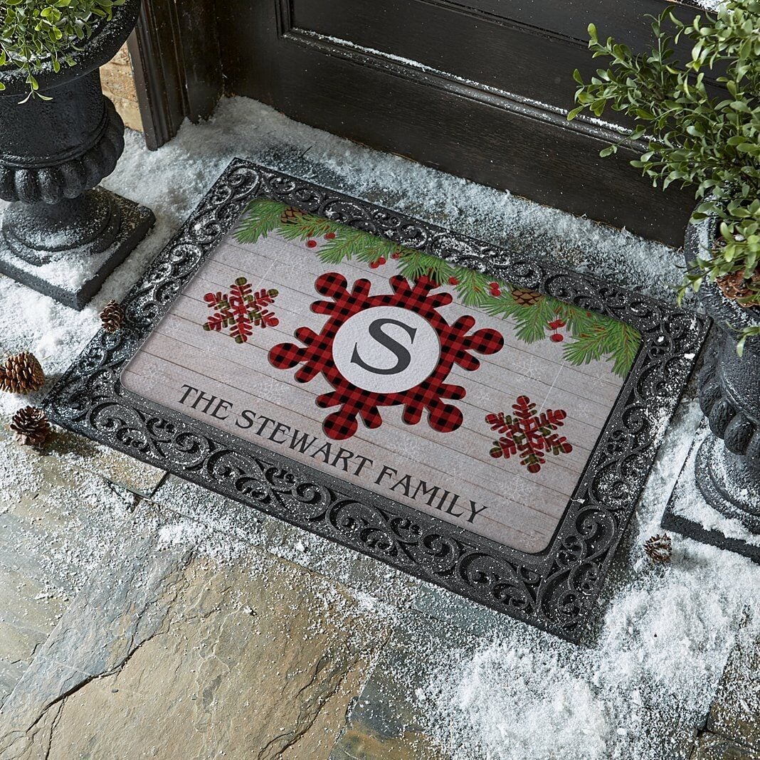 Festive Plaid Snowflake Initial Doormat (17x27)