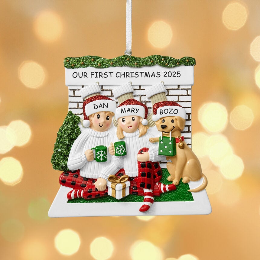 Cozy Fireplace Couple with Dog Ornament