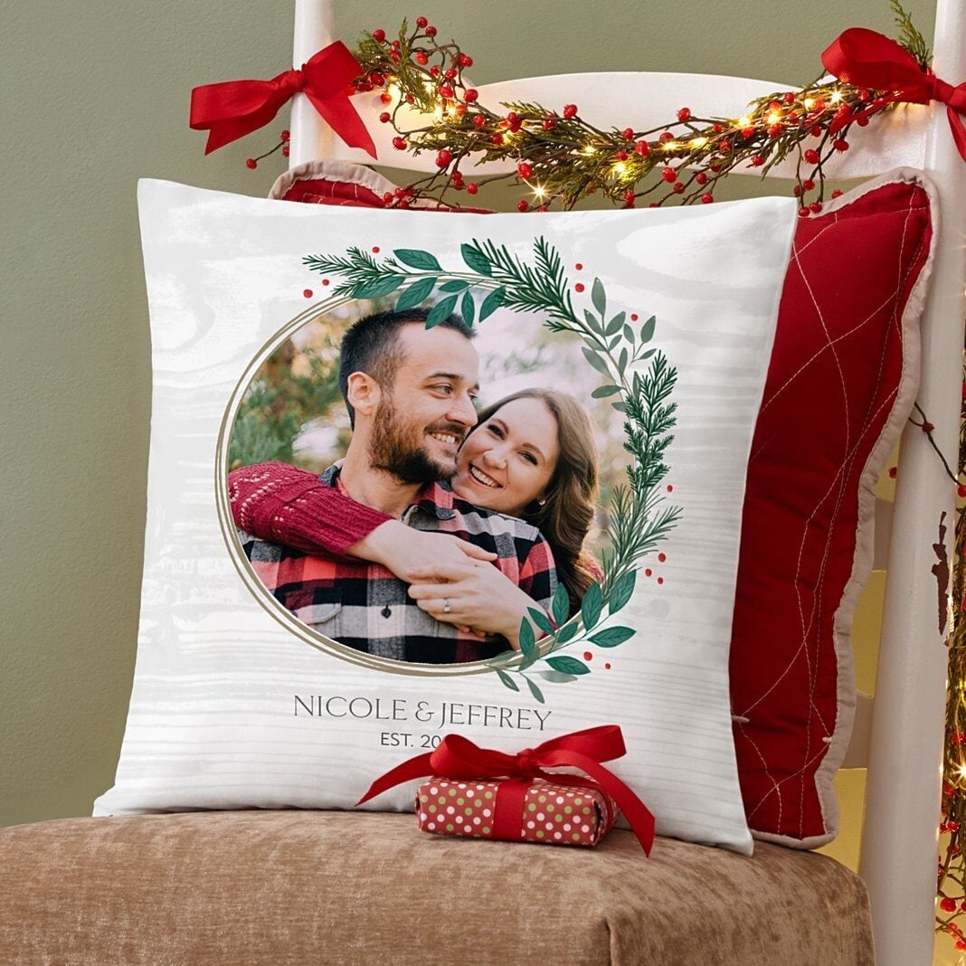 Holly Wreath Photo Throw Pillow