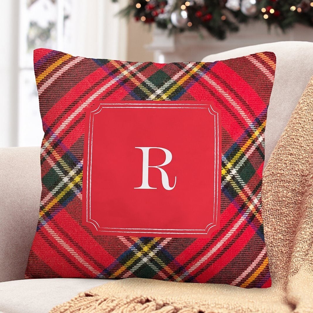 Plaid Initial Throw Pillow
