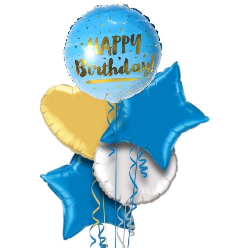 Blue and Gold Happy Birthday Balloon Bouquet With Free Lily O Brien Chocolate Set