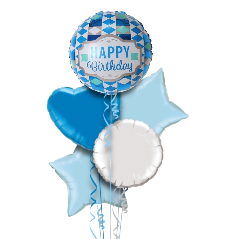 Classy Blue and White Happy Birthday Balloon Bouquet With Free Lily O Brien Chocolate Set
