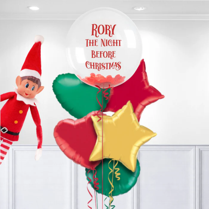 Elf Toy & Personalised Christmas Foil & Bubble Balloon Bunch