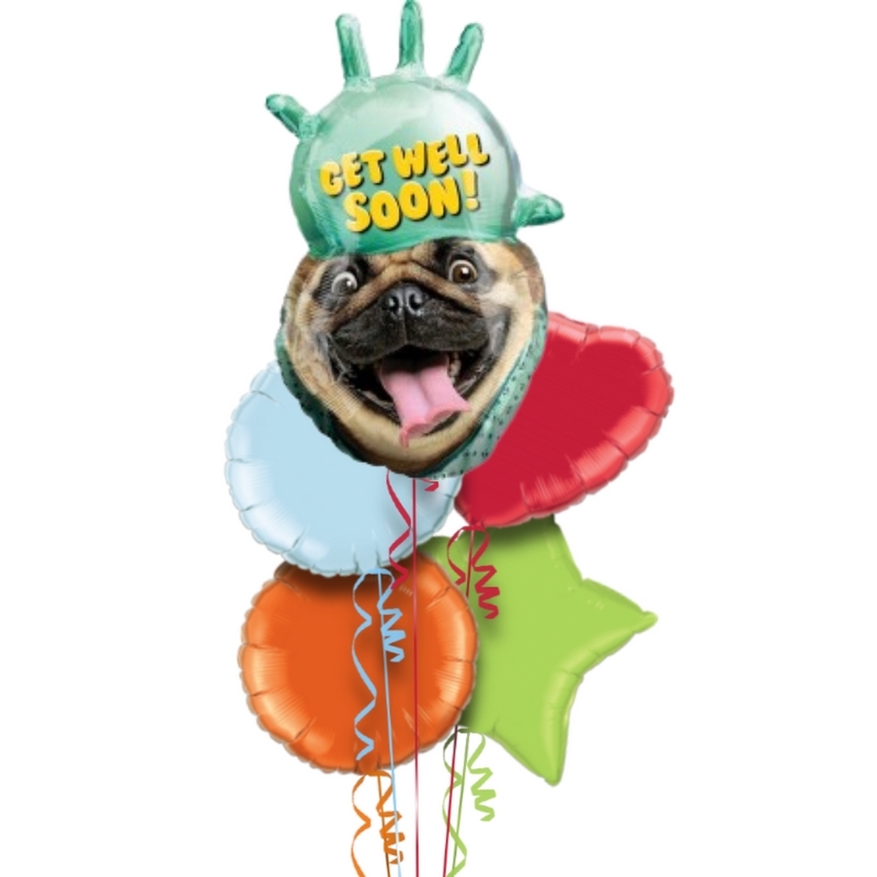 Get Well Pug Shape Foil Balloon Bouquet