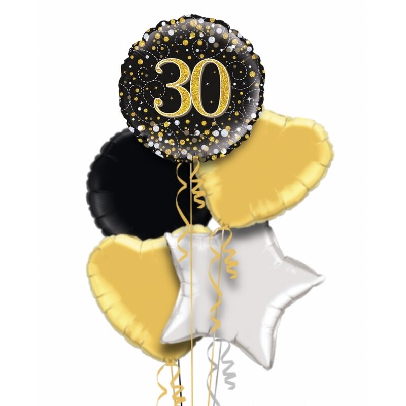 Happy 30th Birthday Black & Gold Holographic Balloon Bouquet