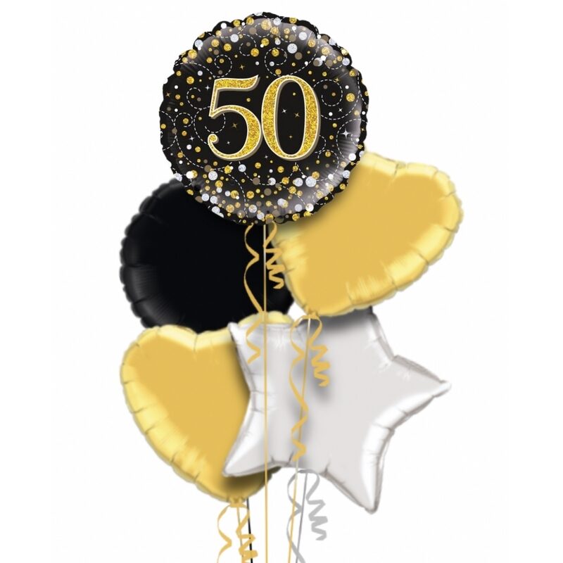 Happy 50th Birthday Black & Gold Holographic Balloon Bouquet