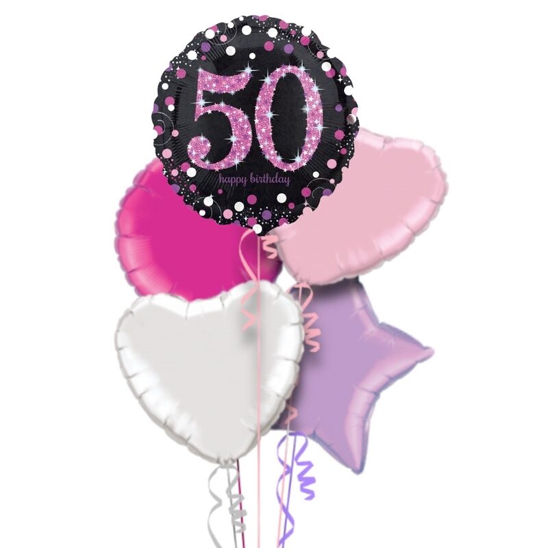 Happy 50th Birthday Pink & Gold Holographic Balloon Bouquet