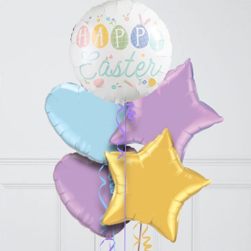Happy Easter Lilac & Blue Heart Inflated Foil Balloon Bunch