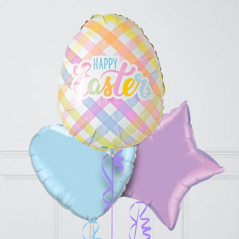 Pretty Plaid Easter Egg Hearts Inflated Foil Balloon Bunch (4 Balloons)