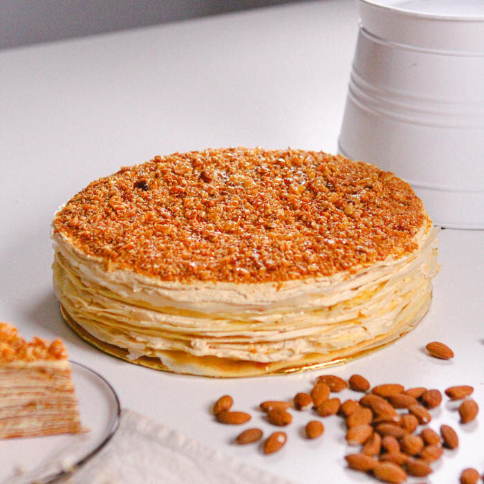 Almond Salted Caramel Mille Crepe Cake