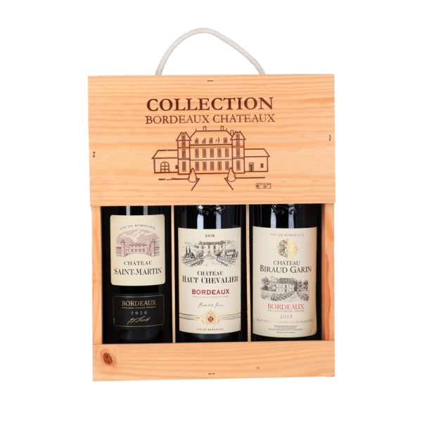 Collection Bordeaux Chateaux Wooden Gift Box with 3 bottles x 75cl