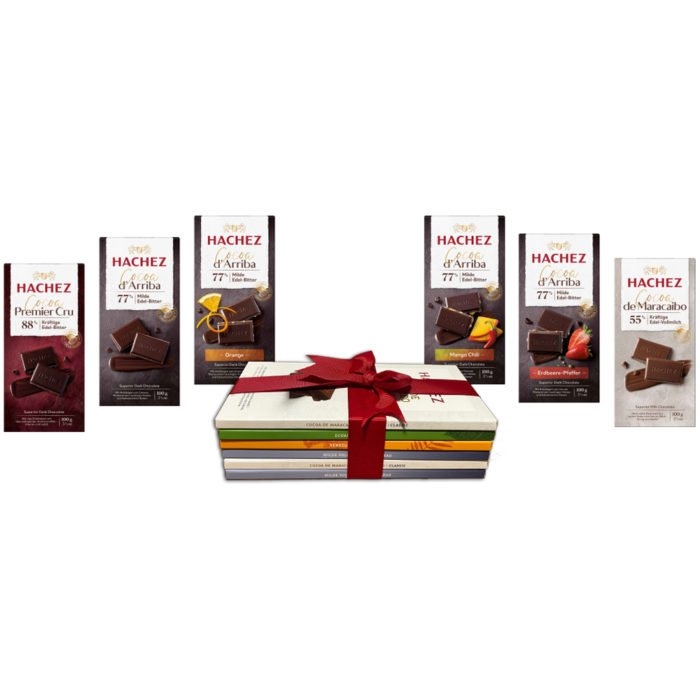 24CHOC01: Hachez Superior Quality Chocolate Bars (6x100gr) Range Wrapped in Red Luxury Ribbon