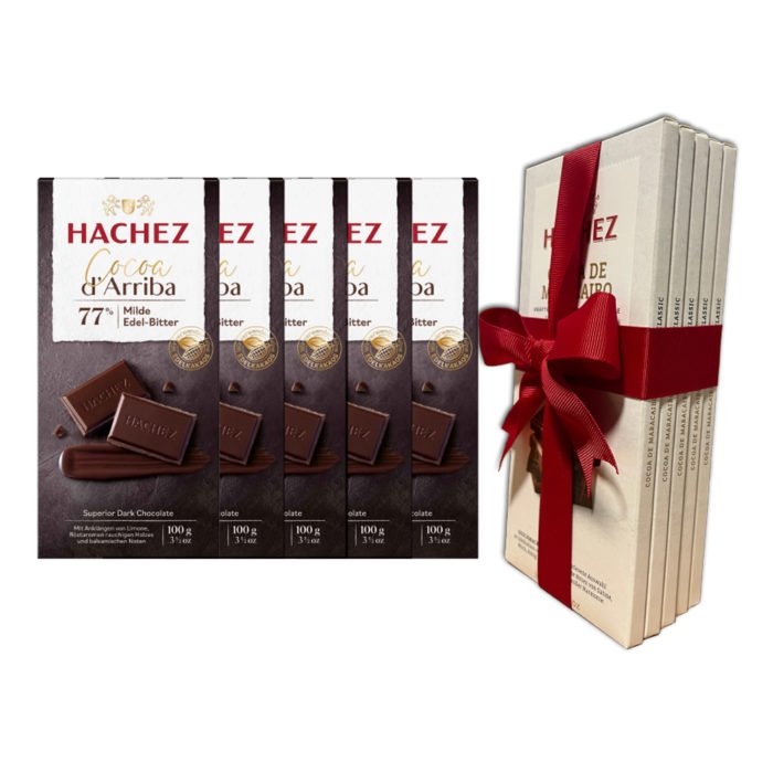 24CHOC02: Hachez Superior Quality Chocolate Bars (4+1x100gr) â€“ Half a kg of Chocolate Heaven Wrapped in Red Luxury Ribbon