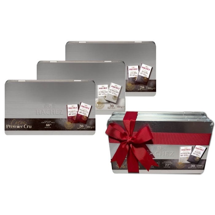24CHOC03: Hachez Superior Quality Chocolate Miniature Bars (3x150gr) Tin Box Range Wrapped in Red Luxury Ribbon