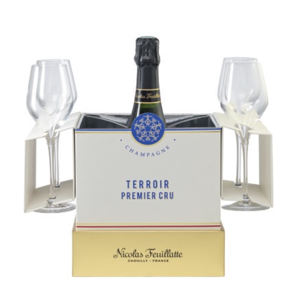 Nicolas Feuillatte Champagne, Terroir Premier Cru, France, White – Brut, 75cl with 4 Champagne Flutes