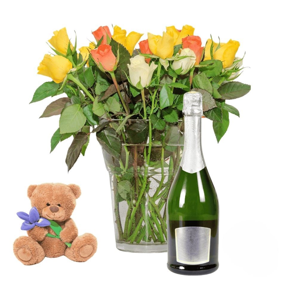 50 mix roses with teddy and white wine (Refined)