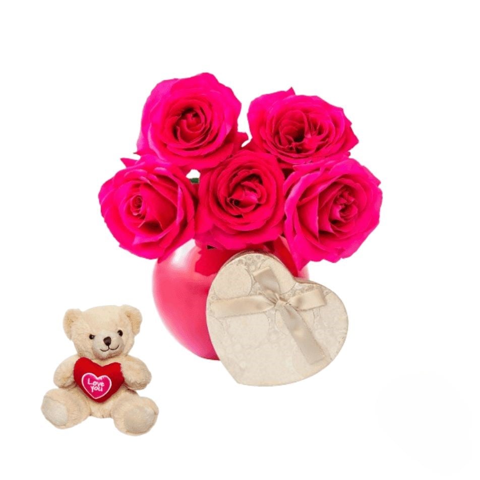 Bouquet of hot pink roses with chocolates and romantic teddy (Refined)