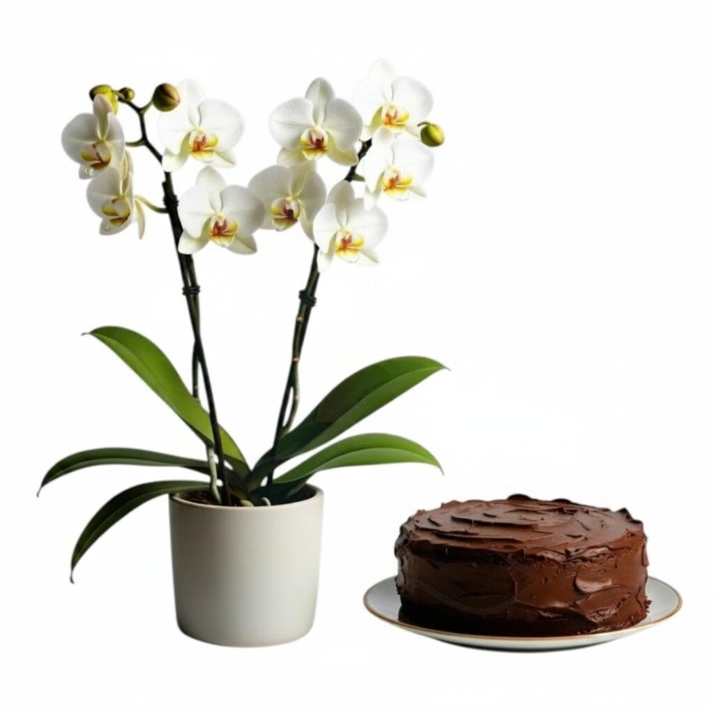 White orchid plant with chocolate cake (Refined)