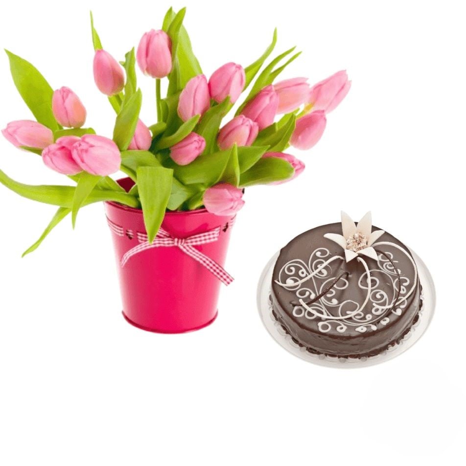 Bouquet of pink tulips with choco cake (Refined)