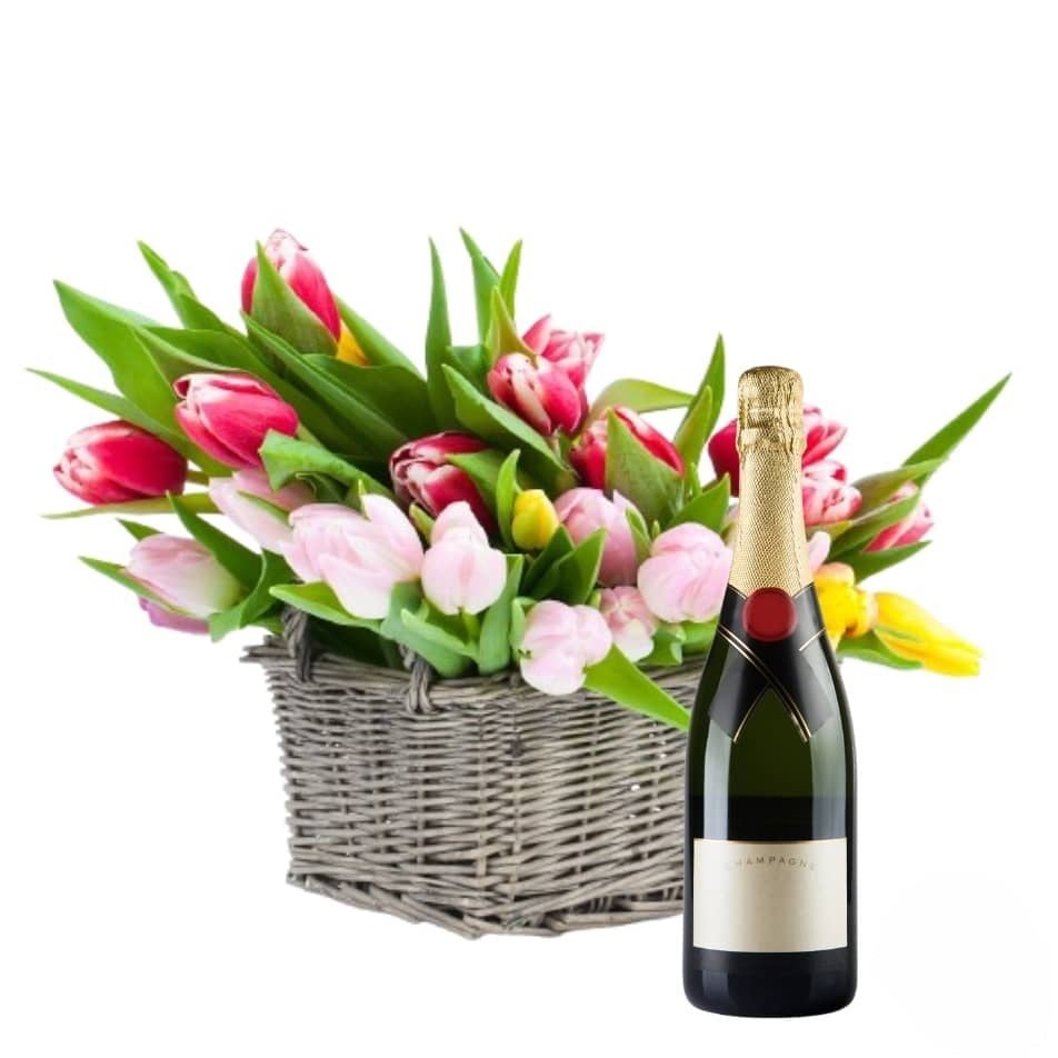 Basket of mixed tulips with sparkling wine (Refined)