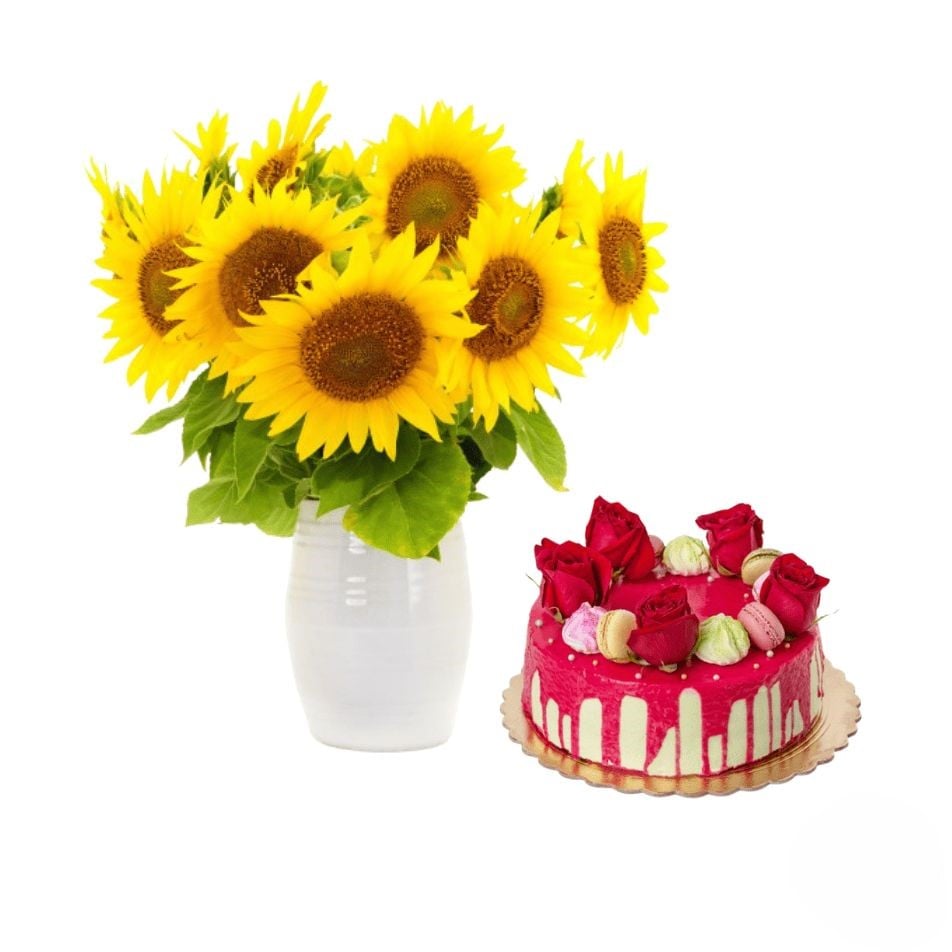 Arrangement of sunflowers with modern cake (Refined)