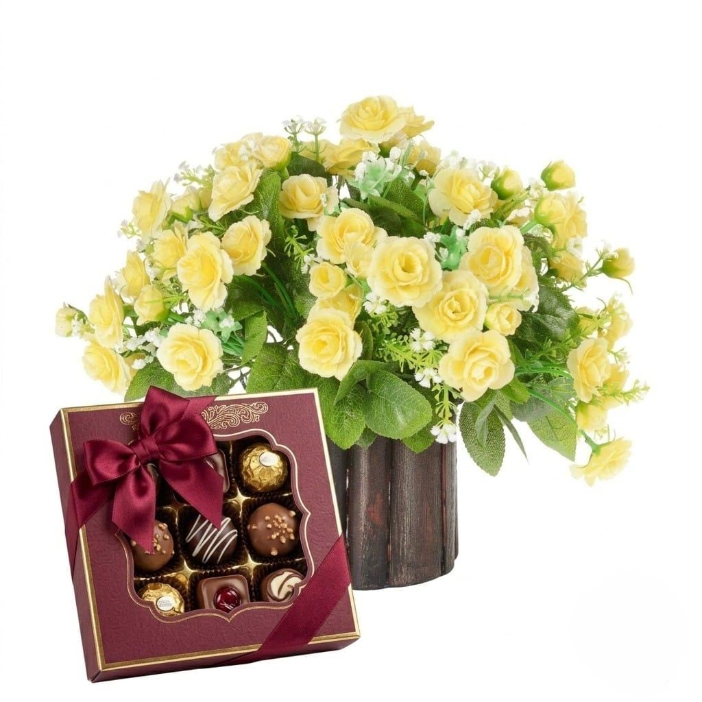 Basket of yellow roses with chocolates (Refined)